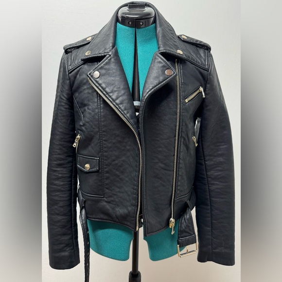 French Connection Vegan Leather Moto Jacket Black/Gold Size 2 - Picture 2 of 16